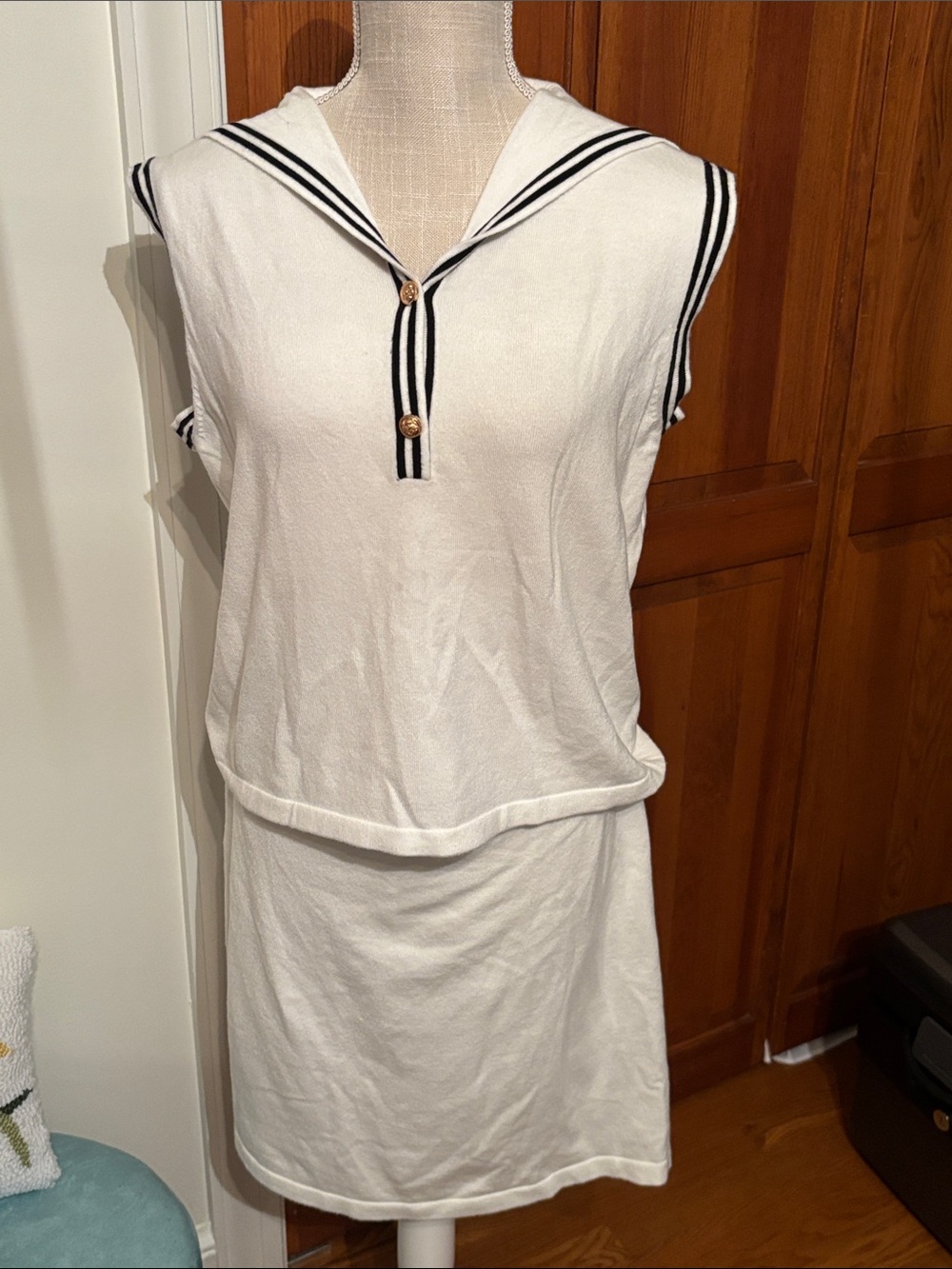 La Vila Milano Sailor-Inspired White Sleeveless Knit 2 piece with Navy Trim